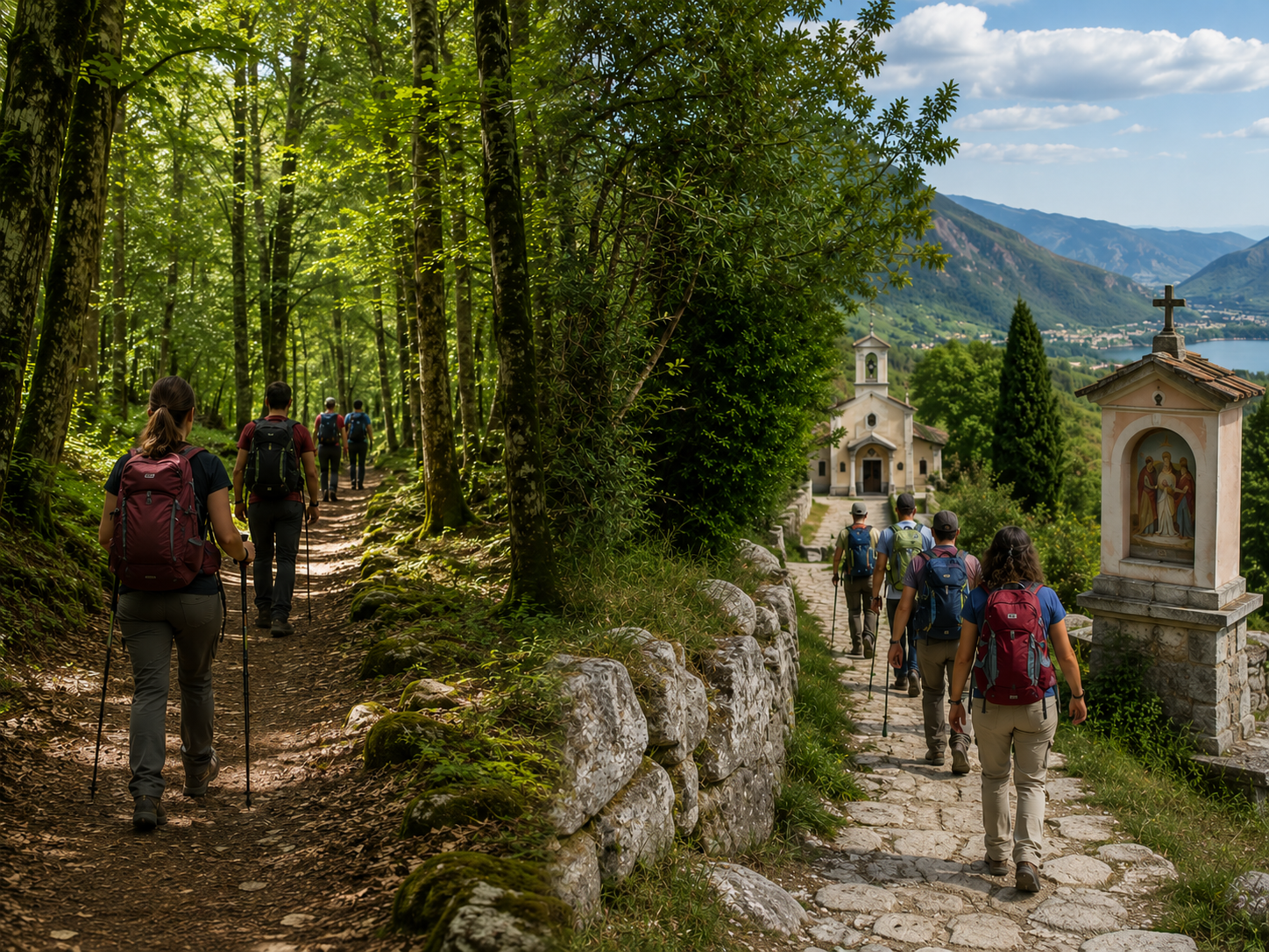 Persone che passeggiano nel bosco tra alberi e sentieri